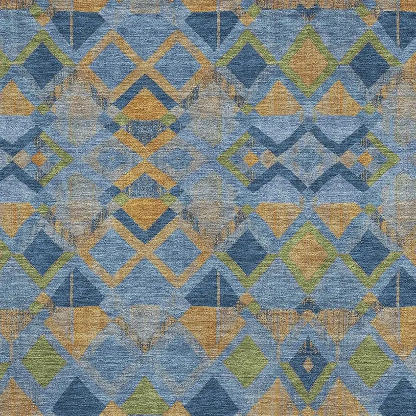 8' Denim Blue Peach And Green Geometric Washable Area Rug With UV Protection Photo 2