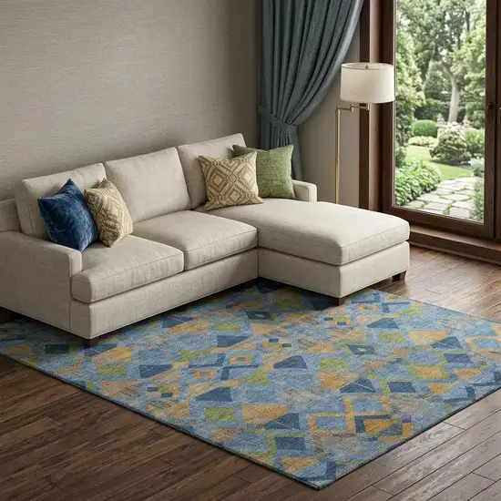 8' Denim Blue Peach And Green Geometric Washable Area Rug With UV Protection Photo 1