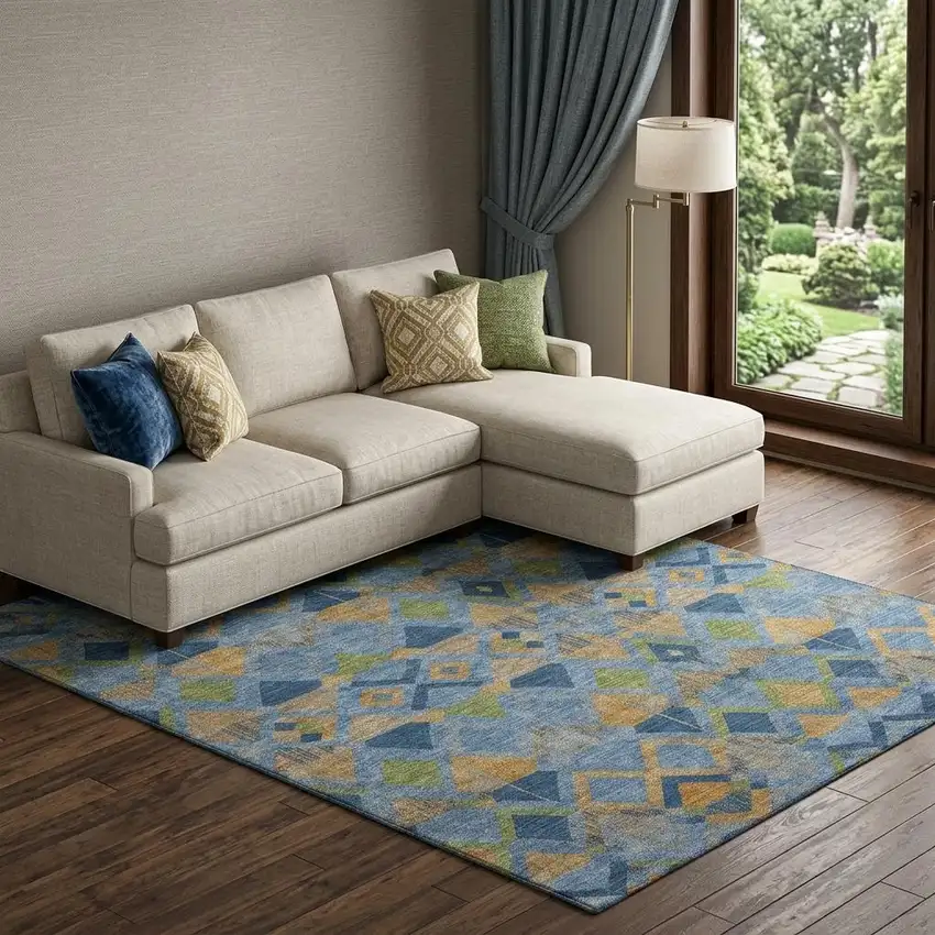 8' Denim Blue Peach And Green Geometric Washable Area Rug With UV Protection Photo 1