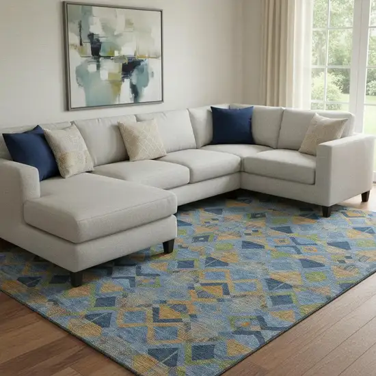 8' Denim Blue Peach And Green Geometric Washable Area Rug With UV Protection Photo 2