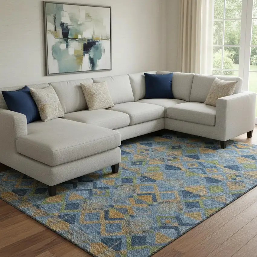 8' Denim Blue Peach And Green Geometric Washable Area Rug With UV Protection Photo 2