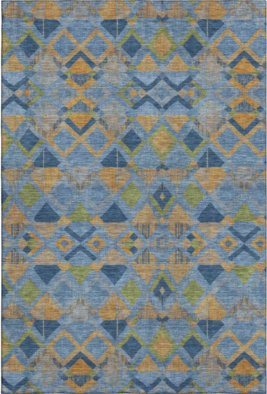 8' Denim Blue Peach And Green Geometric Washable Area Rug With UV Protection Photo 1