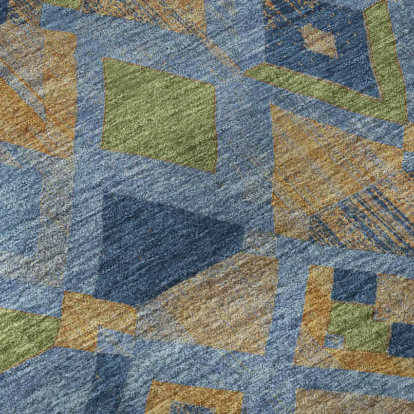 8' Denim Blue Peach And Green Geometric Washable Area Rug With UV Protection Photo 9