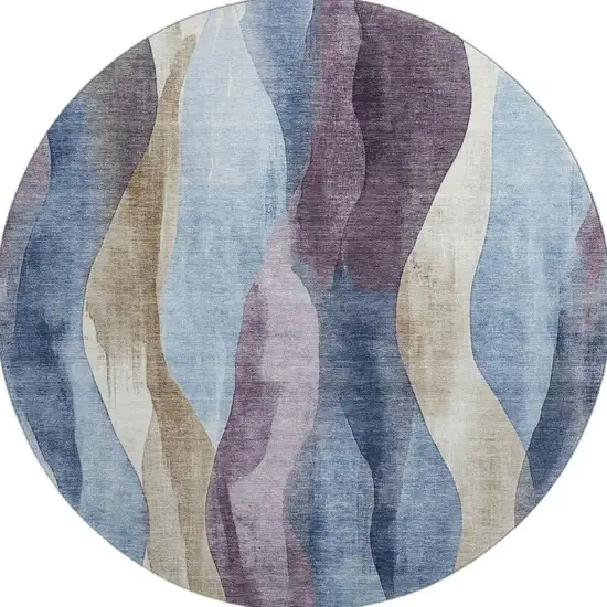 8' Denim Blue Purple And Beige Abstract Washable Round Rug With UV Protection Photo 4