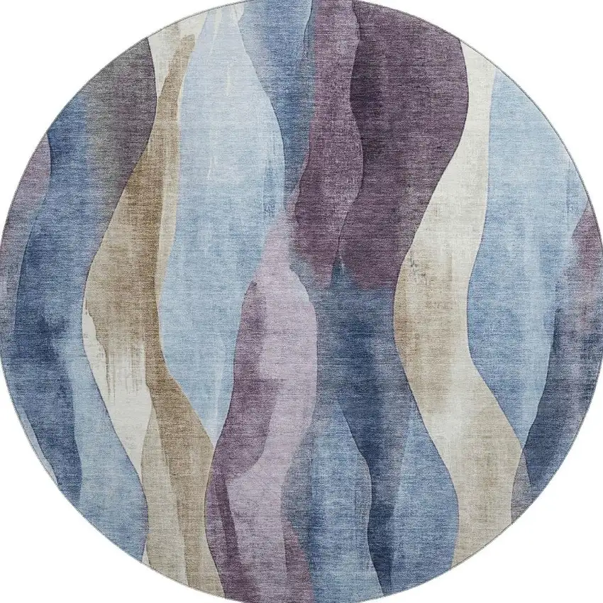 8' Denim Blue Purple And Beige Abstract Washable Round Rug With UV Protection Photo 4