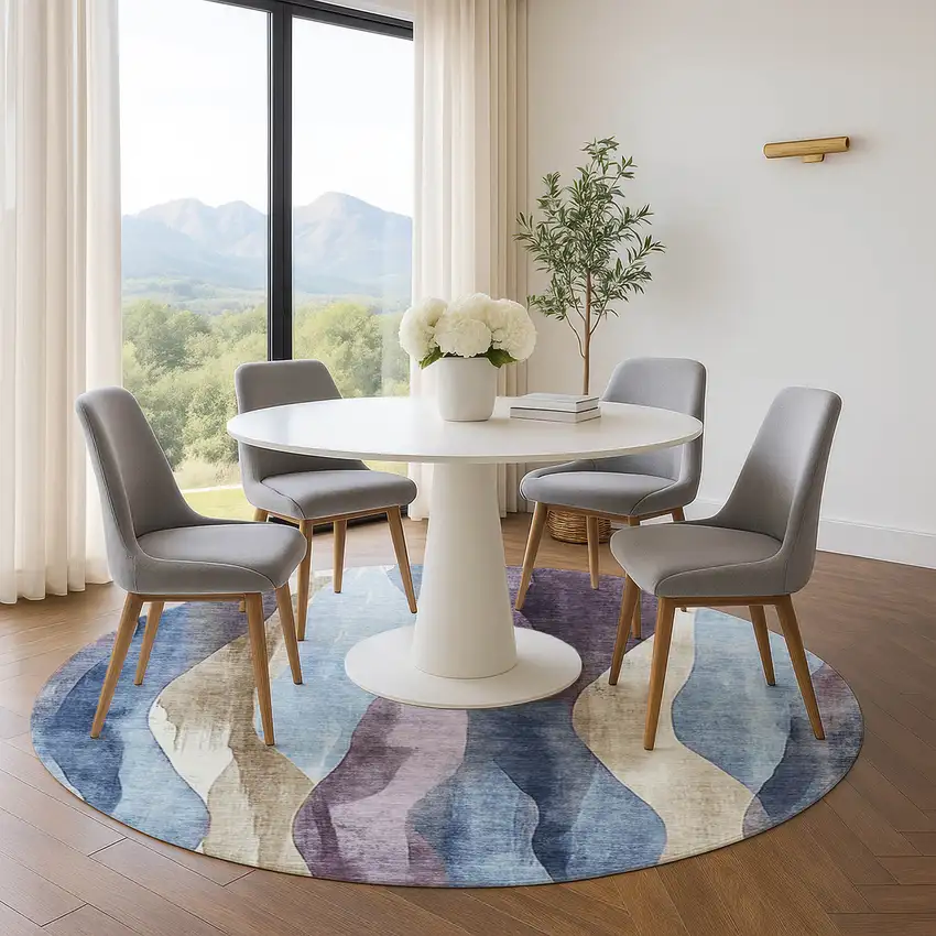 8' Denim Blue Purple And Beige Abstract Washable Round Rug With UV Protection Photo 5