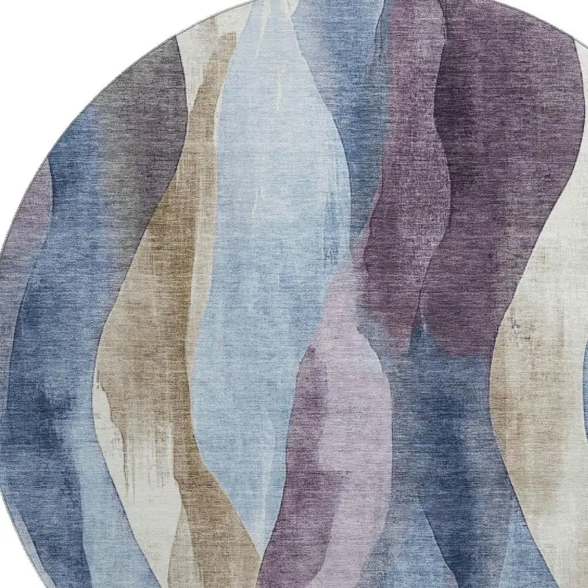 8' Denim Blue Purple And Beige Abstract Washable Round Rug With UV Protection Photo 3
