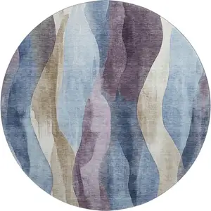 Photo of 8' Denim Blue Purple And Beige Abstract Washable Round Rug With UV Protection