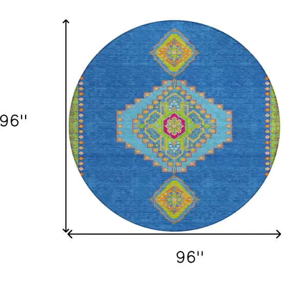 8' Denim Blue Red And Green Round Oriental Washable Indoor Outdoor Area Rug Photo 3