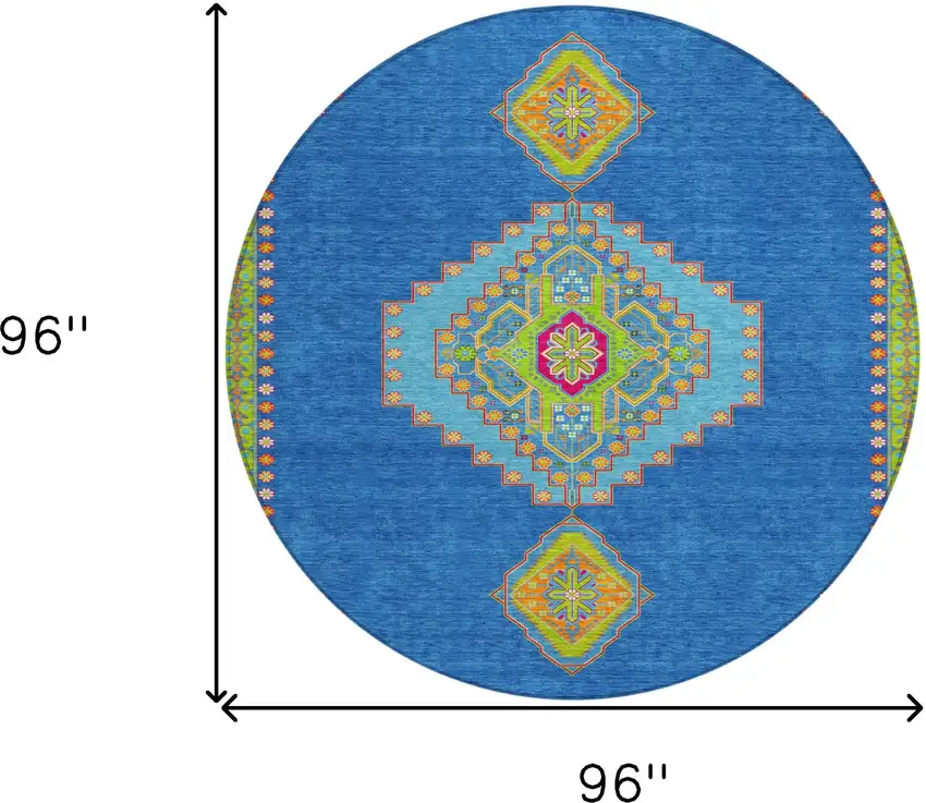 8' Denim Blue Red And Green Round Oriental Washable Indoor Outdoor Area Rug Photo 3