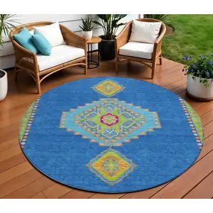 Photo of 8' Denim Blue Red And Green Round Oriental Washable Indoor Outdoor Area Rug