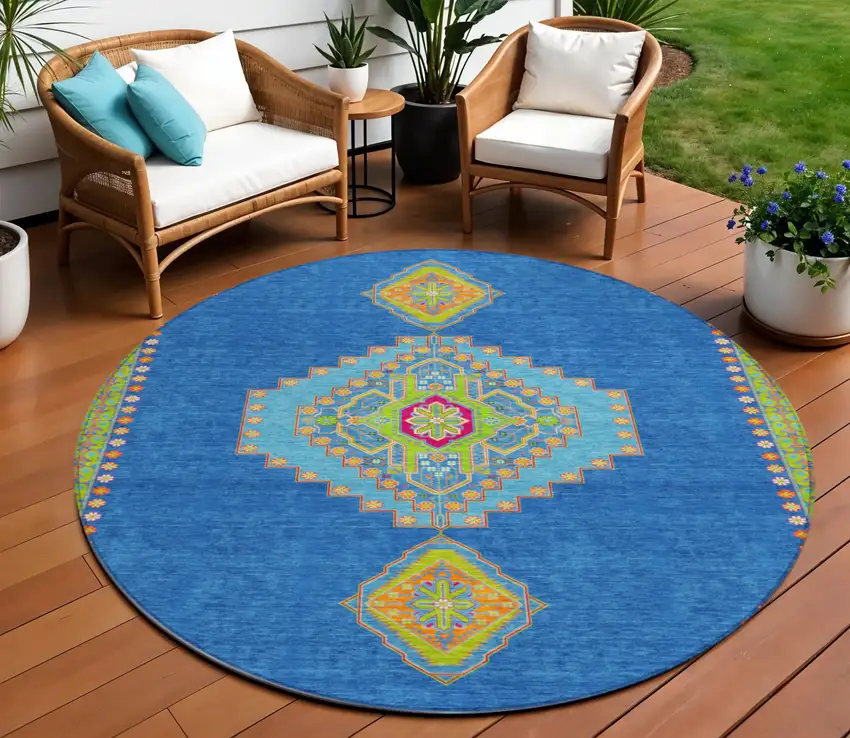 8' Denim Blue Red And Green Round Oriental Washable Indoor Outdoor Area Rug Photo 1