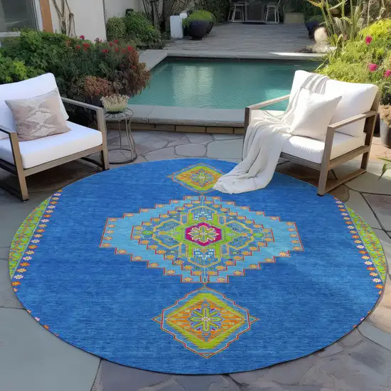 8' Denim Blue Red And Green Round Oriental Washable Indoor Outdoor Area Rug Photo 7