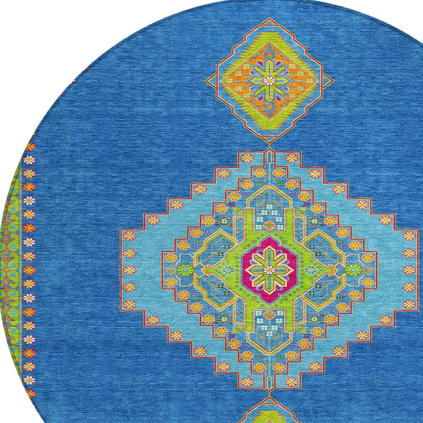 8' Denim Blue Red And Green Round Oriental Washable Indoor Outdoor Area Rug Photo 4