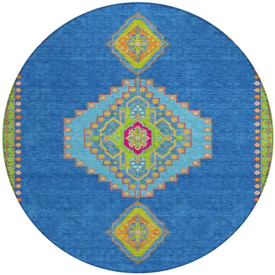8' Denim Blue Red And Green Round Oriental Washable Indoor Outdoor Area Rug Photo 6