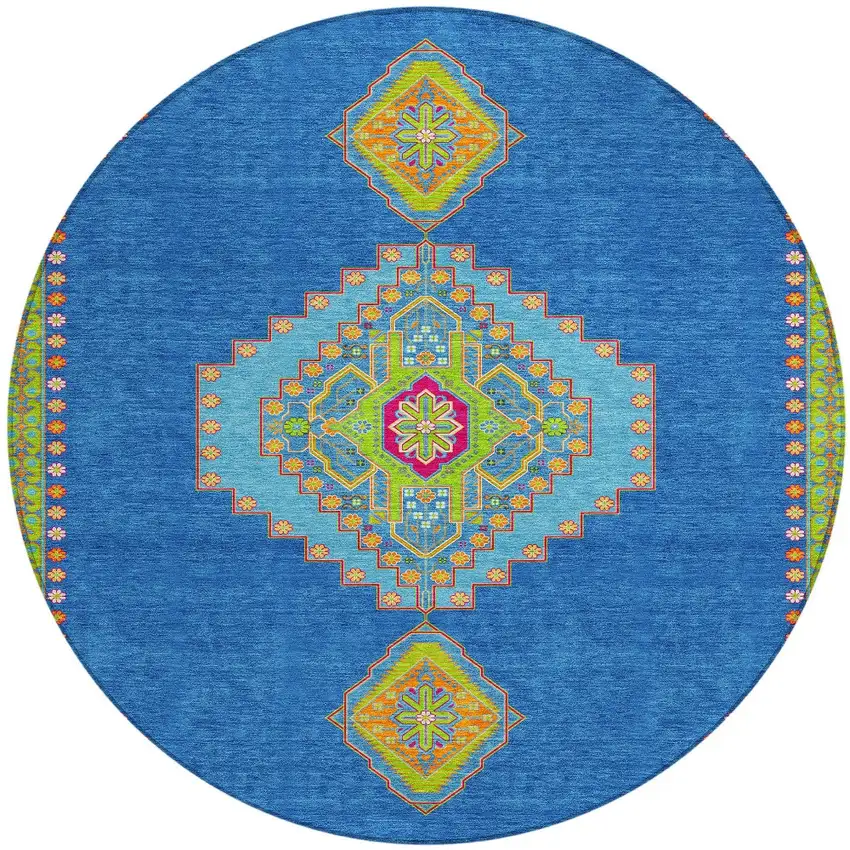 8' Denim Blue Red And Green Round Oriental Washable Indoor Outdoor Area Rug Photo 6