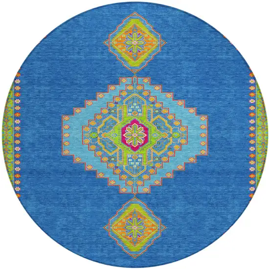 8' Denim Blue Red And Green Round Oriental Washable Indoor Outdoor Area Rug Photo 2