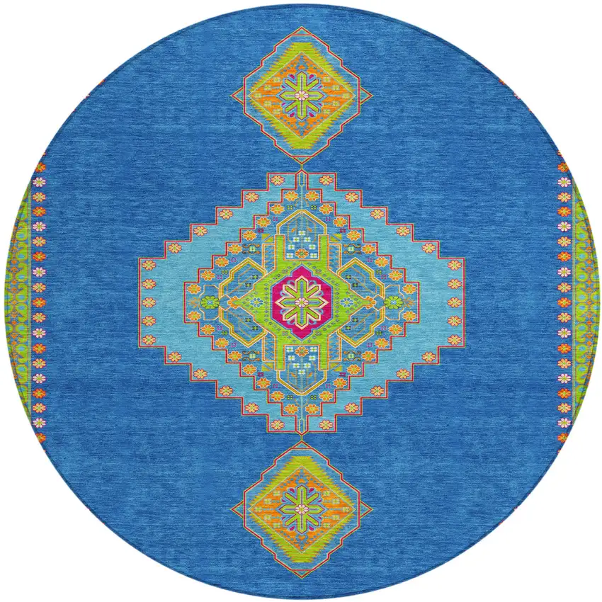 8' Denim Blue Red And Green Round Oriental Washable Indoor Outdoor Area Rug Photo 2