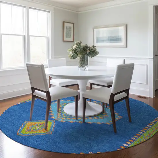 8' Denim Blue Red And Green Round Oriental Washable Indoor Outdoor Area Rug Photo 8