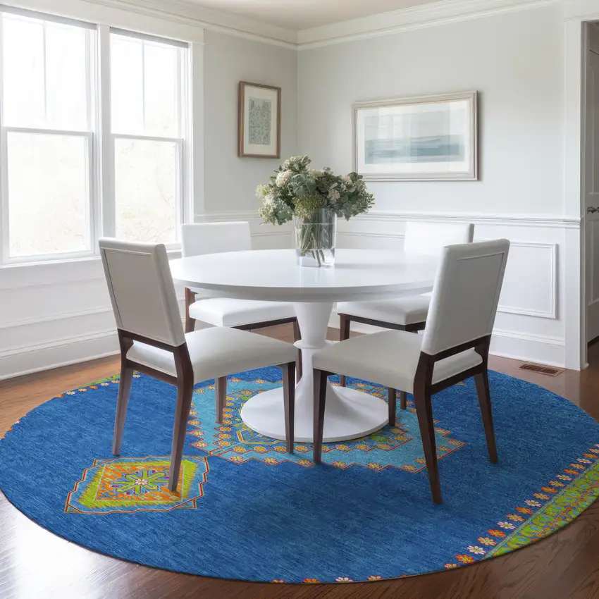 8' Denim Blue Red And Green Round Oriental Washable Indoor Outdoor Area Rug Photo 8
