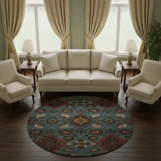 8' Denim Blue Red And Salmon Oriental Washable Round Rug With UV Protection Photo 2