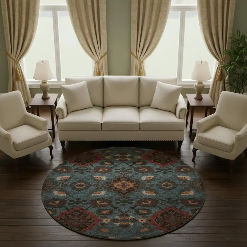 8' Denim Blue Red And Salmon Oriental Washable Round Rug With UV Protection Photo 2