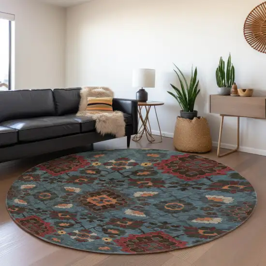 8' Denim Blue Red And Salmon Oriental Washable Round Rug With UV Protection Photo 4