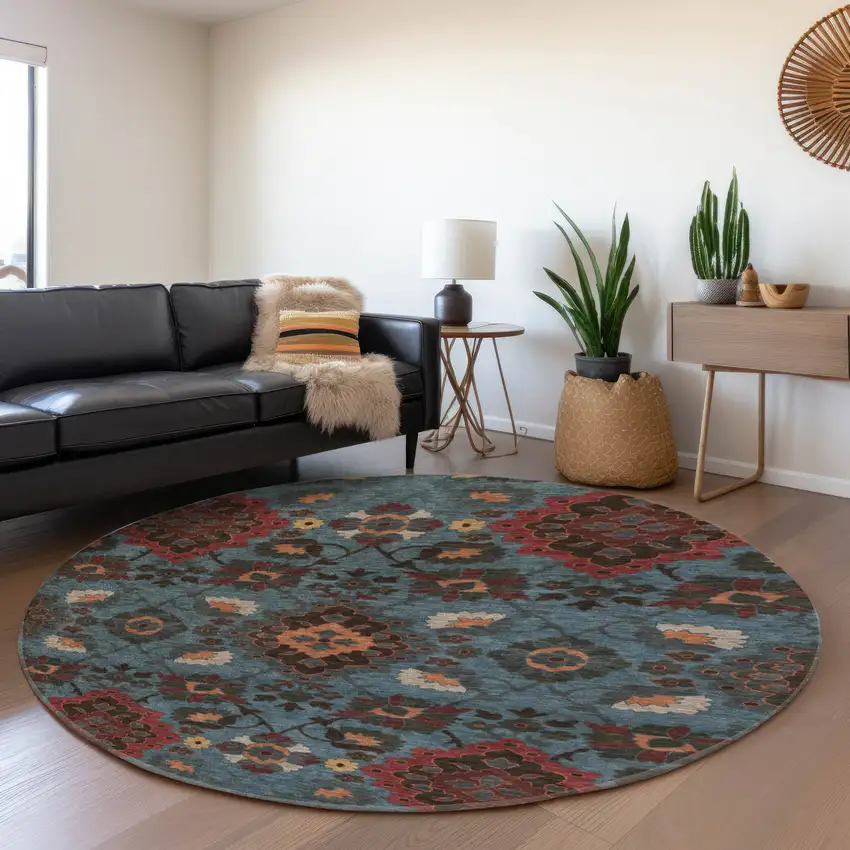 8' Denim Blue Red And Salmon Oriental Washable Round Rug With UV Protection Photo 4