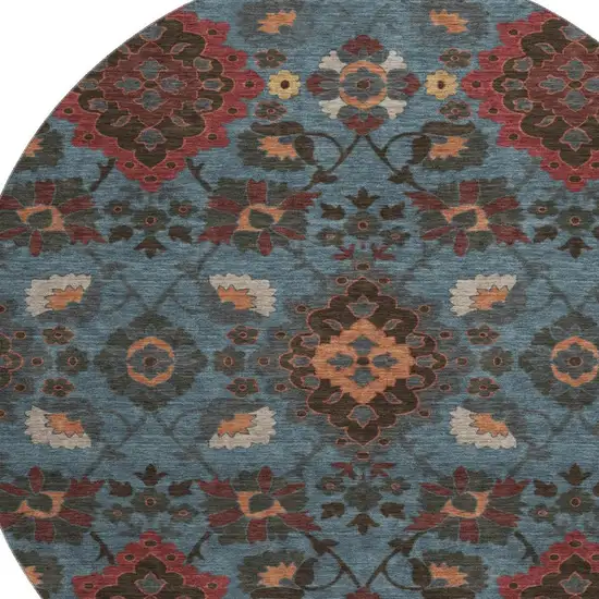 8' Denim Blue Red And Salmon Oriental Washable Round Rug With UV Protection Photo 2