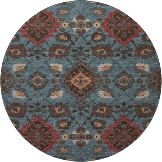 8' Denim Blue Red And Salmon Oriental Washable Round Rug With UV Protection Photo 3