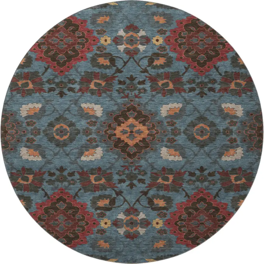8' Denim Blue Red And Salmon Oriental Washable Round Rug With UV Protection Photo 3