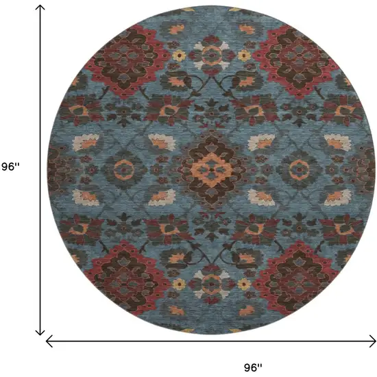 8' Denim Blue Red And Salmon Oriental Washable Round Rug With UV Protection Photo 9