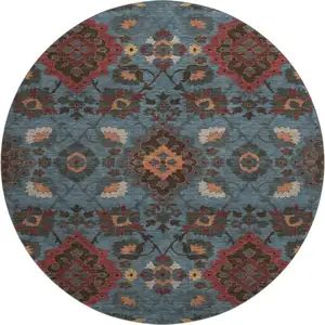 Photo of 8' Denim Blue Red And Salmon Oriental Washable Round Rug With UV Protection