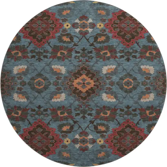 8' Denim Blue Red And Salmon Oriental Washable Round Rug With UV Protection Photo 1