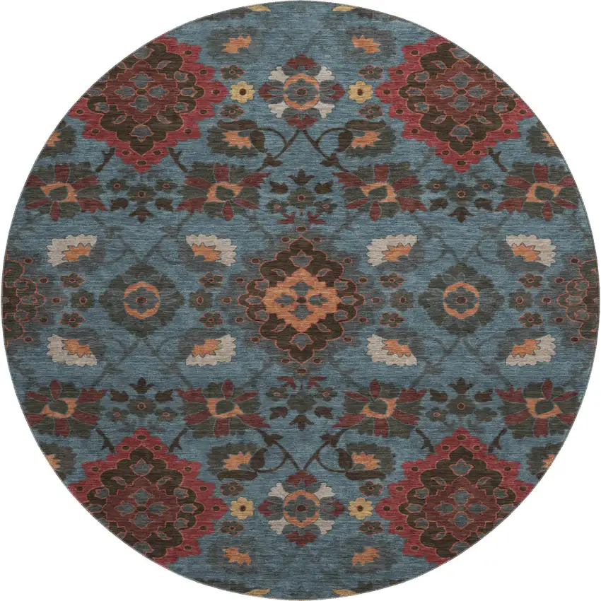 8' Denim Blue Red And Salmon Oriental Washable Round Rug With UV Protection Photo 1