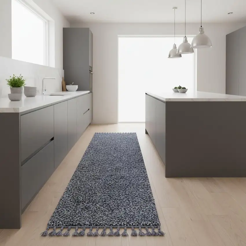 8' Denim Blue Runner Rug With Fringe Photo 2