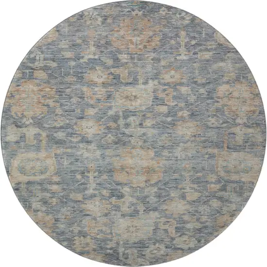 8' Denim Blue Rust And Beige Damask Washable Round Rug With UV Protection Photo 2