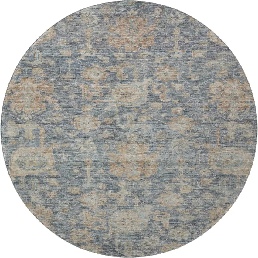 8' Denim Blue Rust And Beige Damask Washable Round Rug With UV Protection Photo 2