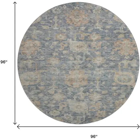 8' Denim Blue Rust And Beige Damask Washable Round Rug With UV Protection Photo 8