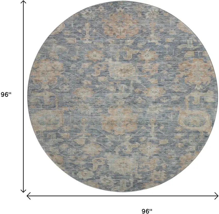8' Denim Blue Rust And Beige Damask Washable Round Rug With UV Protection Photo 8