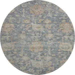 Photo of 8' Denim Blue Rust And Beige Damask Washable Round Rug With UV Protection