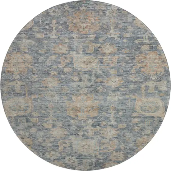 8' Denim Blue Rust And Beige Damask Washable Round Rug With UV Protection Photo 1