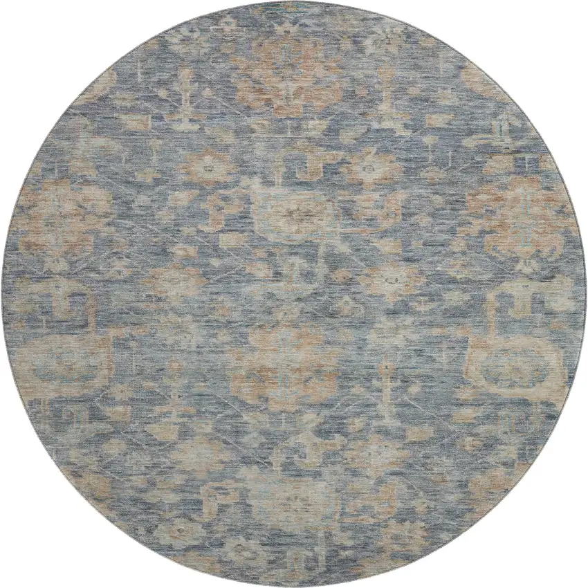 8' Denim Blue Rust And Beige Damask Washable Round Rug With UV Protection Photo 1