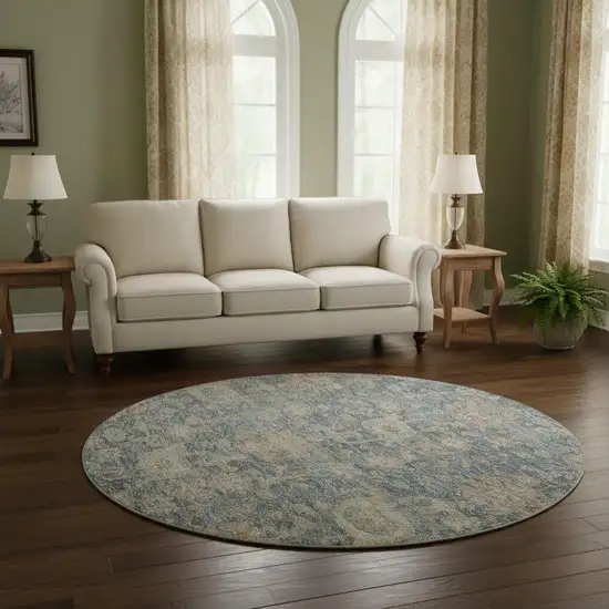 8' Denim Blue Rust And Beige Damask Washable Round Rug With UV Protection Photo 2