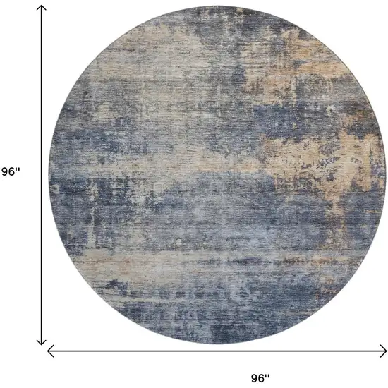 8' Denim Blue Silver And Beige Abstract Washable Round Rug With UV Protection Photo 9
