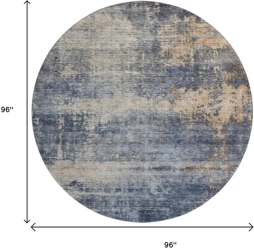 8' Denim Blue Silver And Beige Abstract Washable Round Rug With UV Protection Photo 9