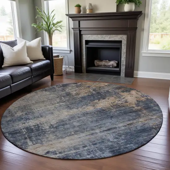 8' Denim Blue Silver And Beige Abstract Washable Round Rug With UV Protection Photo 4