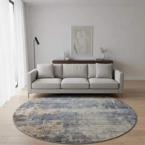 8' Denim Blue Silver And Beige Abstract Washable Round Rug With UV Protection Photo 2