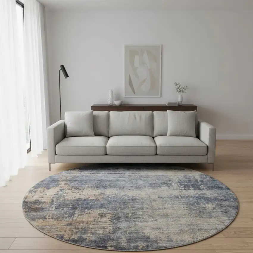 8' Denim Blue Silver And Beige Abstract Washable Round Rug With UV Protection Photo 2