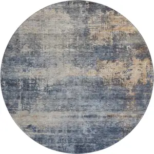 Photo of 8' Denim Blue Silver And Beige Abstract Washable Round Rug With UV Protection